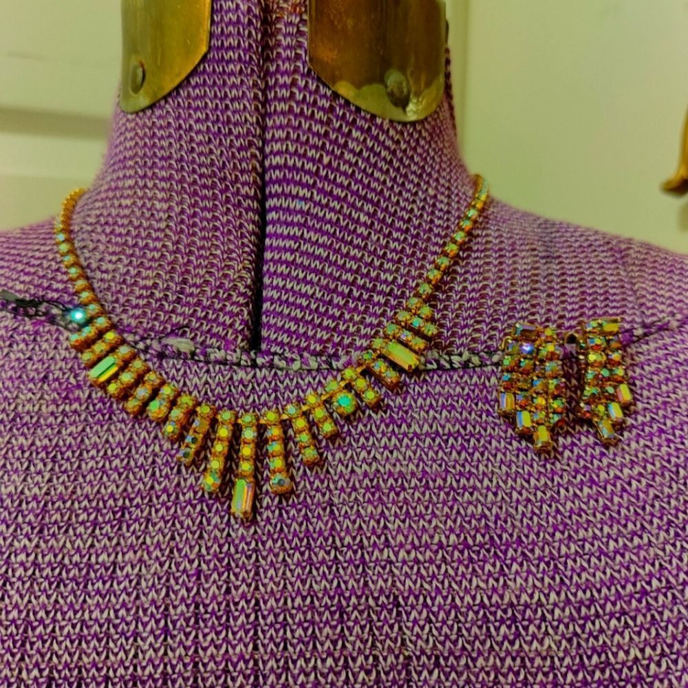 Vintage Aurora Borealis Crystal Rhinestone Clip On & Necklace Set